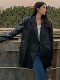 Rarove-2024 Spring/Summer Fashion Pu Blazer Women Casual High Street Leather Jacket Female Autumn Solid Chic Double Breasted Long Sleeves Loose Cool Girl Coat