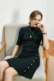 Rarove Summer Women Crew Neck Metalic Button Side Black Knited Mini Dress Office Lady Black Robe High Quality
