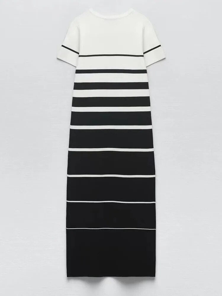 Rarove- New Femininity Casual Vibrant Sexy Knit High Stretch One Size Short Sleeve Round Neck Striped Midi Dress