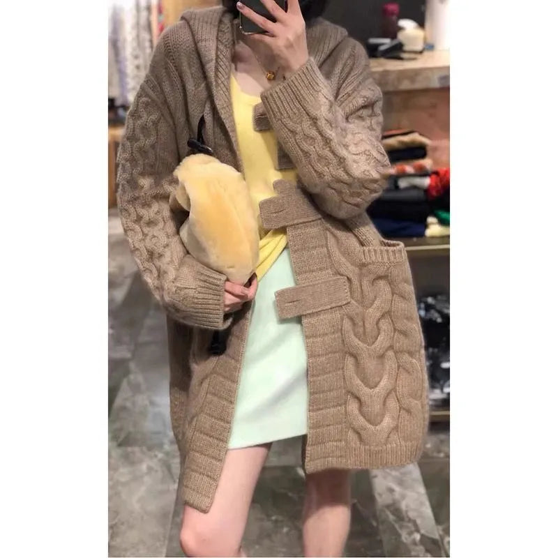 Rarove-Fall/winter cashmere hooded knit cardigan sweater coat women's long loose lazy wind thickened horn button coat