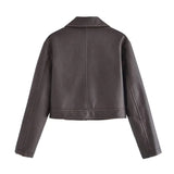 Rarove - Summer new retro fashion all-match lapel casual style black faux leather bomber cropped jacket