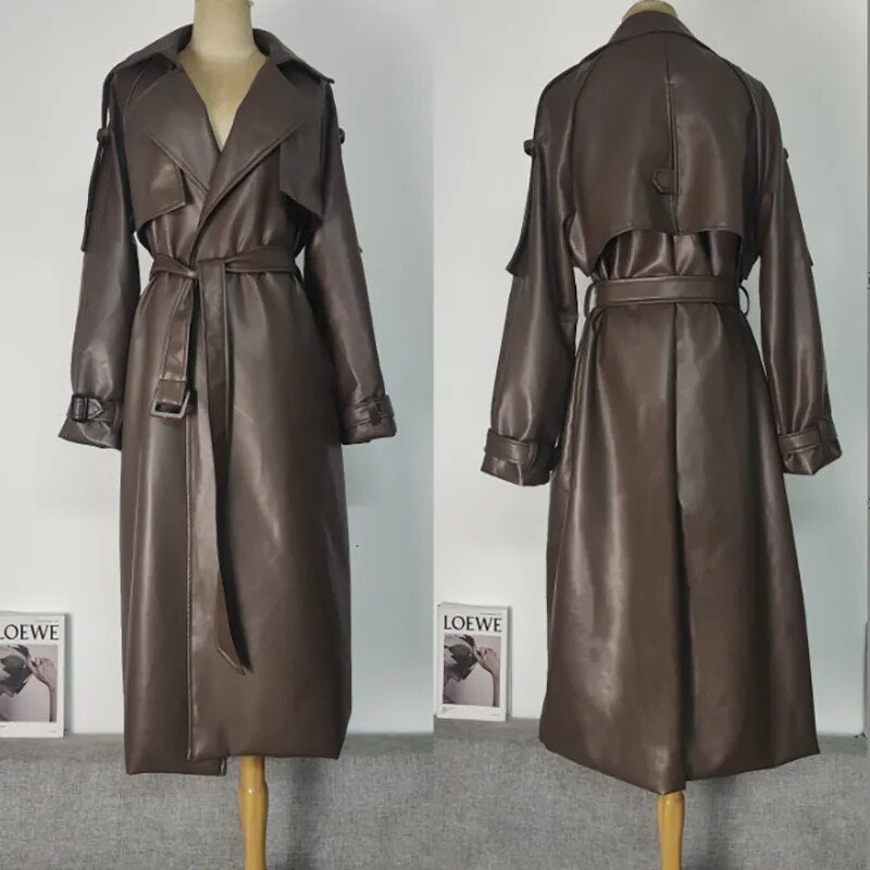 Rarove-Leather Long Trench Coat Women 2023 Autumn Fashion Loose Coffee PU Windbreaker Trench Coat For Women Plus Size