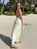 Rarove - New Women Vitality Meets Casual Off Shoulder Design Halter Neck Gown Maxi Skirt Pleated Trim Midi Dress