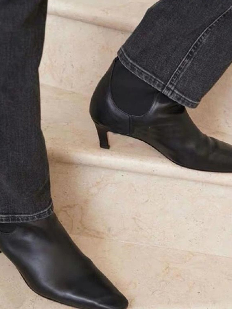 Rarove Women's Genuine Leather Black Short Boots Square Head Slender Heel Female All-Match Shoes 2023 Autumn Winter