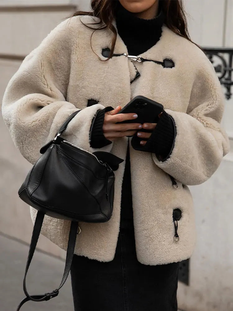Rarove_Solid Faux Cashmere Plush Short Overcoat Winter Horn Button Woolen Blends Fleece Jackets 2023 Vintage Female's Long Sleeve Coat