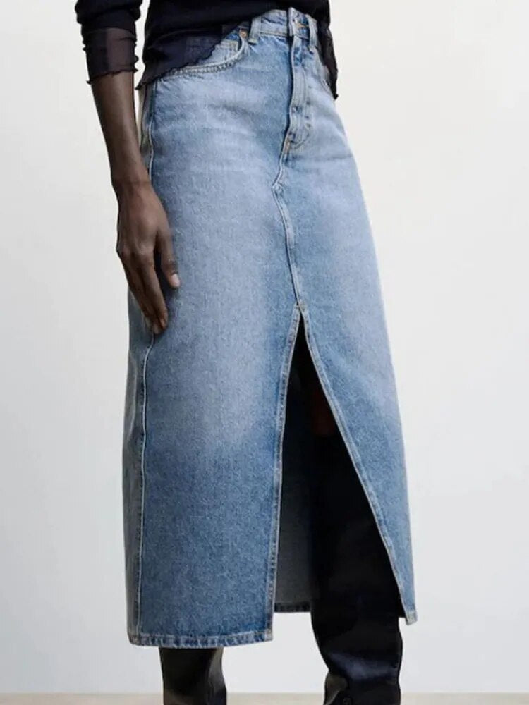 Rarove- Spring and Summer New Temperament Fashion Versatile High Waist Wrapped Hip Split Mid Sleeve Denim Mid Length Skirt