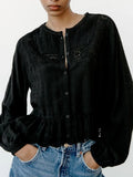 Rarove - 2023 spring and summer new women's wear slim Slim black retro round neck long-sleeved hollow embroidered shirt
