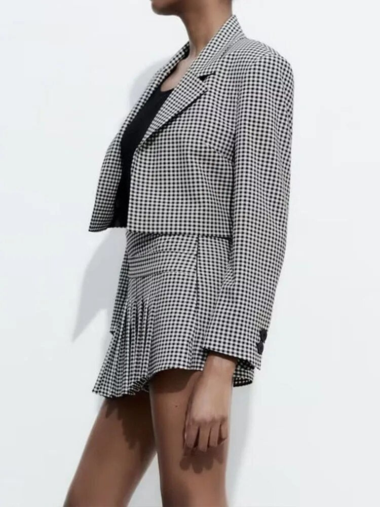 Rarove - Women's wear 2023 new spring and summer new new women's wear black and white small plaid short suit coat A-line short skirt pant