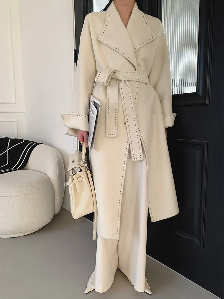Rarove-New Women Simple Arch Needle Doulbe-sided Wool Coat Loose Long Lapel Lace-up Fashion Woolen Jacket Warm Outerwear Autumn Winter