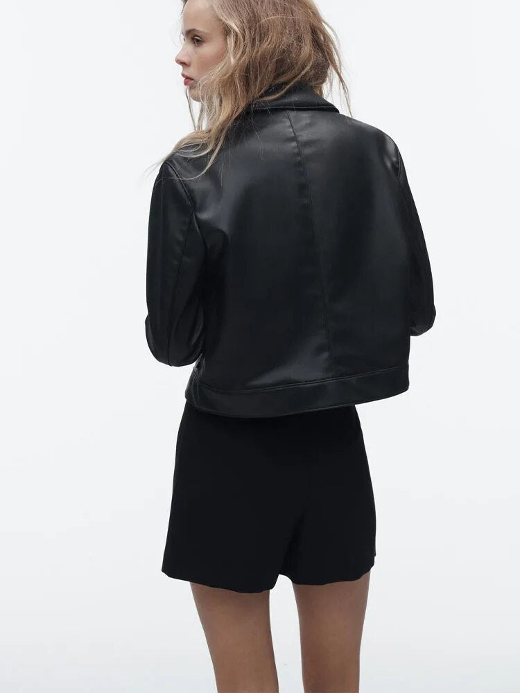 Rarove- 2023 spring new women's black loose casual hundred sexy Riley retro lapel temperament imitation leather jacket jacket