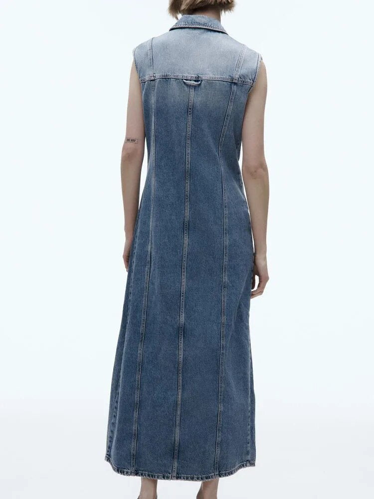 Rarove- New women's 2023 temperament fashion versatile lapel sleeveless long denim dress