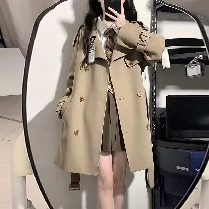 Rarove-Black Trench Coat Women Windbreaker 2023 Spring Autumn Fashion Chic British Style Double Breasted Mid-length Black Trench Coat
