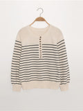 Rarove Women Long Puff Sleeve Stripes Sweater O-Neck Buttons All-Match Fall Winter 2022 Female Loose Jumpers