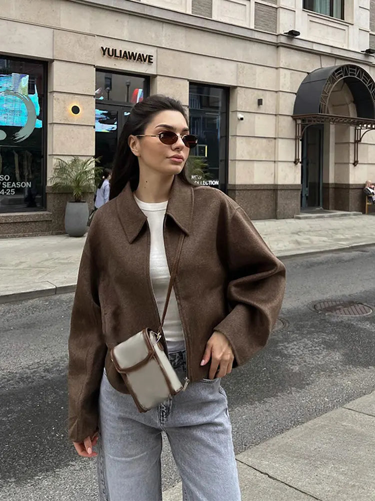 Rarove-Fall Outfits Outwear Streetwear Vintage Brown Zipper Woolen Jacket For Women Elegant Lapel Long Sleeves Cropped Coats Autumn Chic Lady High Street Outwear