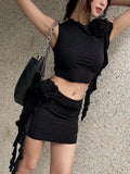 RAROVE Y2K 3D Black Rose Crop Top Skirt Short Sets Bandage Elegant Chic Sleeveless Bodycon Folds Sexy Short Sets 2023 New In