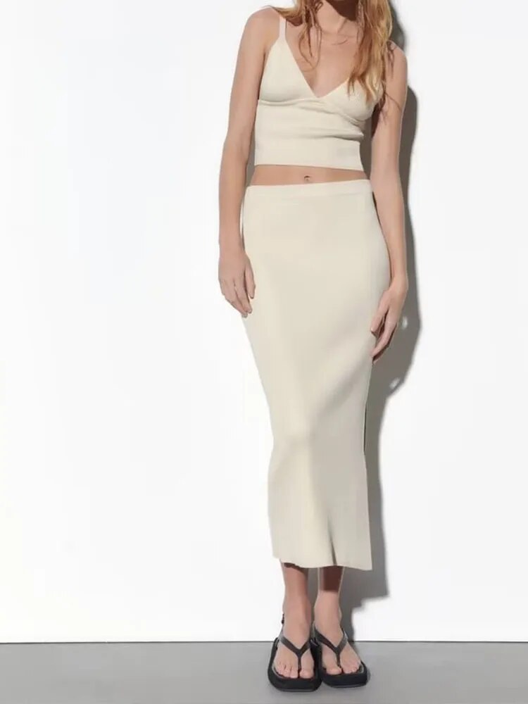 Rarove - New women's 2023 high waist midi skirt elastic waist hem side split rib knit skirt V-neck shoulder strap jacket