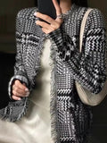 Rarove-Houndstooth plaid fringed cashmere sweater knitted small fragrant wool cardigan women's loose plaid coat