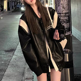 Rarove-Leather Coat Women 2023 Autumn Vintage PU Loose Coffee Baseball Jacket Fashion Black Coat For Women