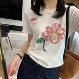 RAROVE-Flower Sleeve 2024 Summer New Shoulder Short Fit Round Neck T-shirt for Women