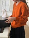 Rarove-In autumn, the new/Korean version of high-grade color 100%10 woven solid wool V-neck loose lazy sweater long sleeve plus size