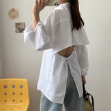 Rarove - New Women's 2023 temperament fashion casual casual sexy white backless design lapel long-sleeved poplin shirt