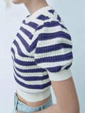 Rarove - New women's clothing, stylish, casual, elegant, thin, Ruili round neck short-sleeved striped textured sweater