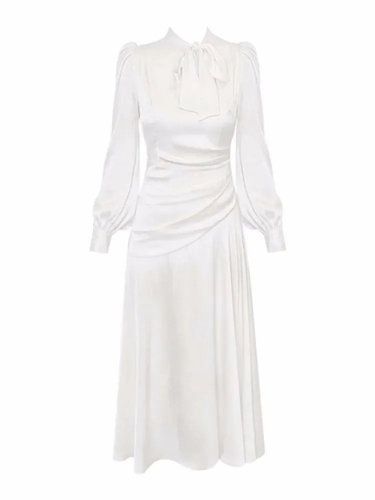 Rarove-Satin Dresses for Women Long Sleeve Streetwear French Style Dress Office Lady Print Midi Zipper 2024 New Spring Summer Dress