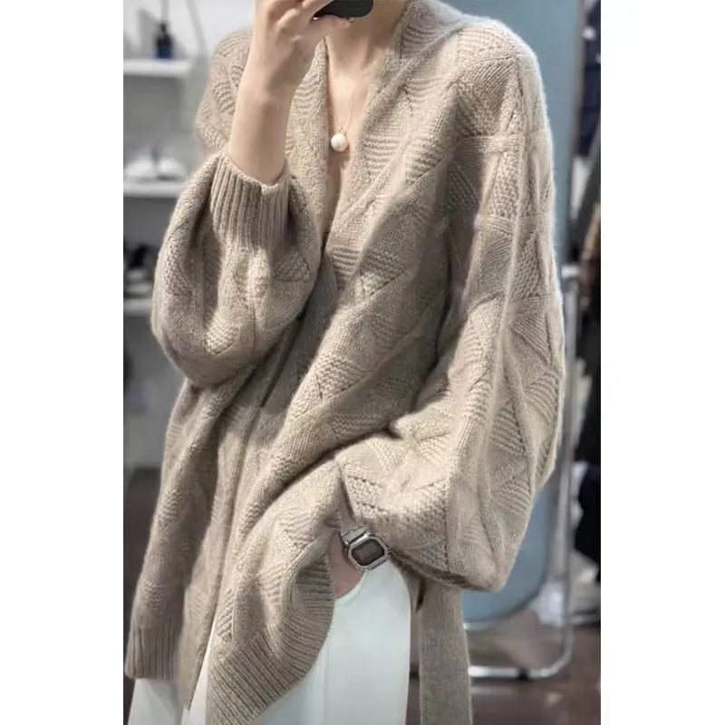 Rarove-Cashmere cardigan coat women's long 23 autumn and winter new loose slim diamond design thick knitted sweater