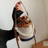 Rarove-Mini Man-Made Pearl Chain Drawstring Design Bucket Bag Bandbag Shoulder Messenger Bag