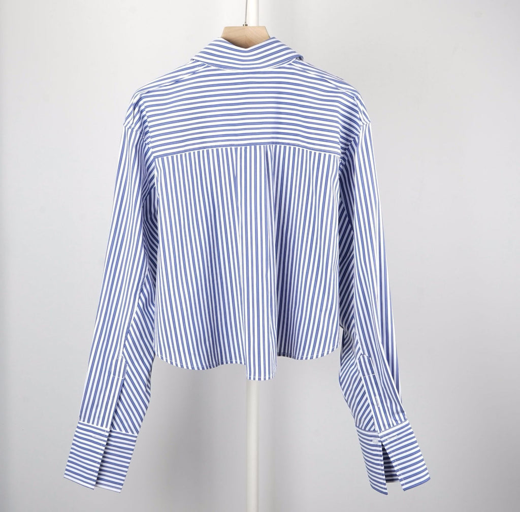 Rarove Women Casual Stripes Short Shirt Front Buttons Turn-Down Collar Embroidery Logo Ladies Long Sleeve Blouses