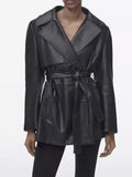 Rarove - New Women's Clothing Retro Fashion Slim Waist Black Faux Leather Long Sleeve Lapel Short Trench Coat