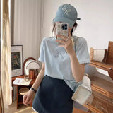RAROVE-Women's Bow Embroidered Pearl T-shirt Design Round Neck Casual Loose Short Sleeved Top