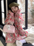 Rarove-2024 Spring Fashion Vintage Cardigan Women Flower Loose Korean Soft Sweet Knit Sweater Female Winter Chic Long Sleeves Lazy Knitwears Lady