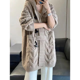 Rarove-Fall/winter cashmere hooded knit cardigan sweater coat women's long loose lazy wind thickened horn button coat