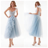 RAROVE-Graduation Gift Back to School Season Summer Dress Spring Outfit Summer Vacation Outfits  Blue Ruffles Tulle Midi Prom Dresses Sweetheart One Shoulder Tea-Length Wedding Party Gowns Short A-Line Formal Gowns