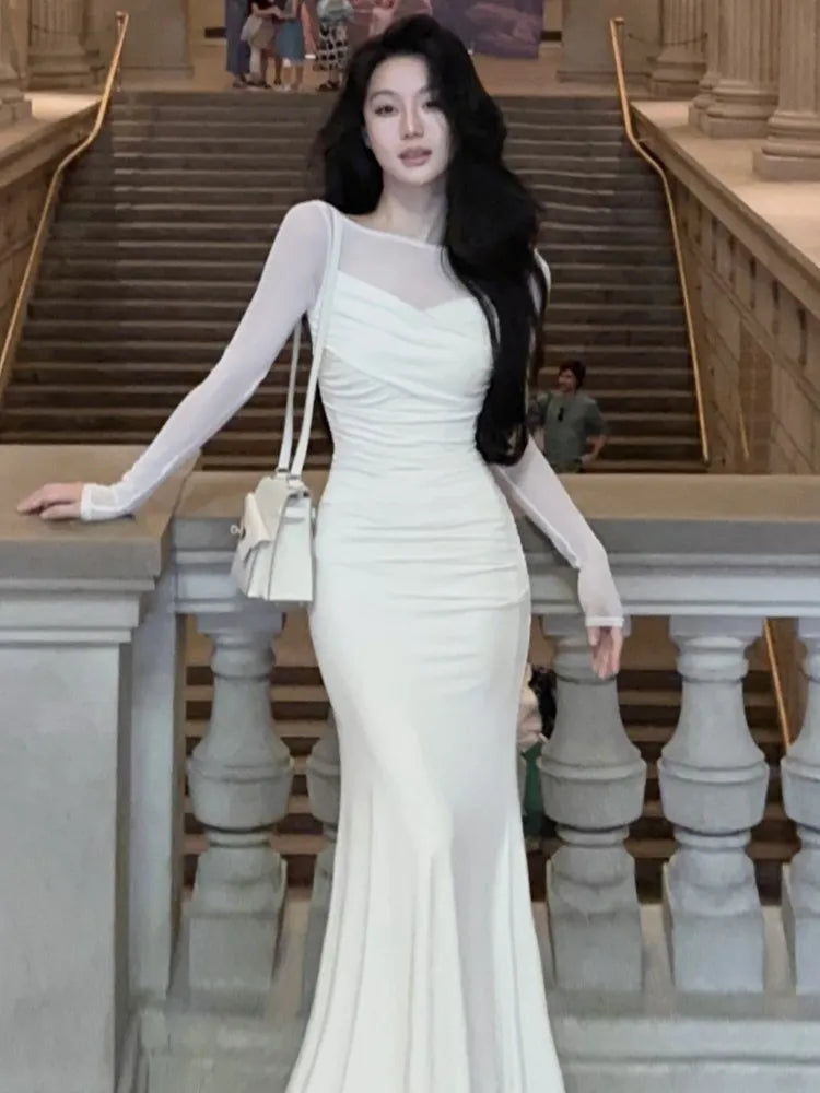 Rarove French Elegant Women New White Mermaid Dress Fashion Patchwork Lady Slim Vestidos Clothes 2023 Autumn Vintage Ruched Prom Maxi