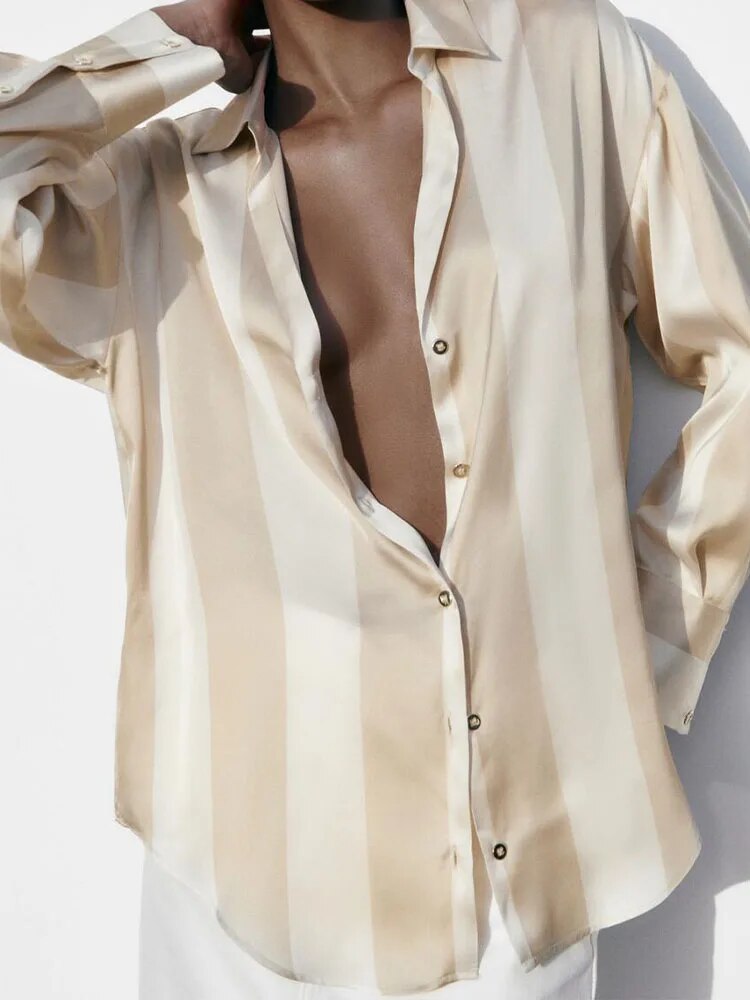 Rarove- 2023 new women's satin texture loose slim single-breasted V-neck casual shirt