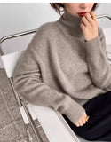 Rarove-Pure cashmere sweater women's high neck thick loose knit lazy sweater soft waxy pullover bottoming shirt