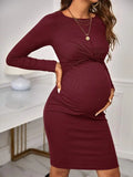 Rarove-Solid Maternity Long Sleeve Dresses 2024 Autumn Pregnant Women Criss Cross Knitted Midi Dress Premama Clubwear Bodycorn Clothing