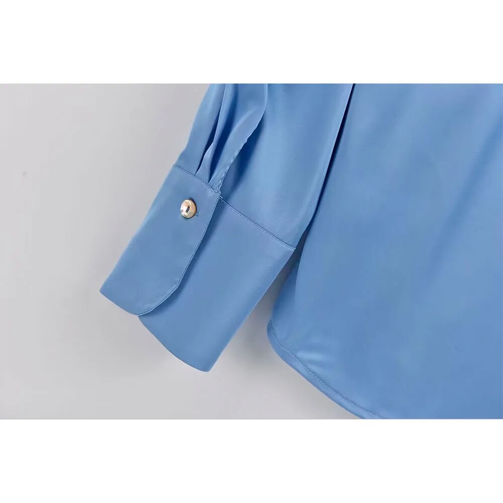 Rarove - Spring New Women's Long Sleeve Polo Shirt V-Neckline Front Ribbed Closed Satin Long Sleeve Drop Shirt