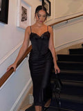 Rarove  Spaghetti Strap Midi Party Dresses Black Satin Sexy Lace Detachable Corset Dress Casual Holiday Birthday Dresses 2023