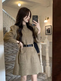 Rarove-2024 Spring Fashion Solid Sweater Dress Sashes Long Sleeves Knit Pullover Women Dress Antumn Pockets Casual Fashion A-line Lady Knitwears