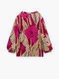 Rarove - New Women's Round Neck Shirt V-Neck Long Sleeve Front Breast Closed Print Midi Dress Flower Shirt Set