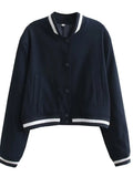 Rarove_Women's Dark Blue Cropped Baseball Jacket Stripe Stitching Pockets Coats With Buttons 2023 Spring Ladies Streetwear Chic Clothes