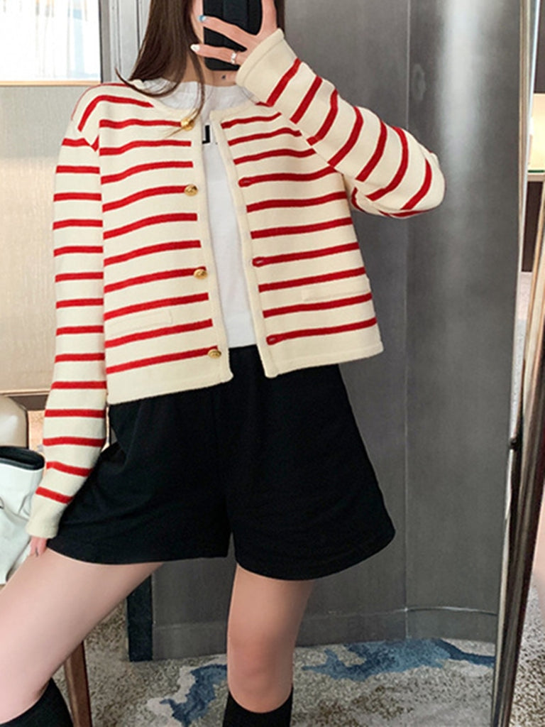 Rarove Women Single Breasted Striped Cardigan Jacket O-Neck Long Sleeve Casual Slim Short Knitted Coat for Ladies 2023 Spring