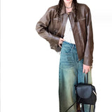 Rarove-Leather Short Coat Women 2023 Autumn Vintage PU Loose Coffee Motorcycle Jacket Fashion Black Leather Coat For Women