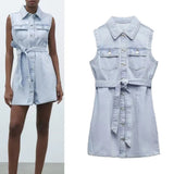 Rarove- New women's clothing, temperament, fashion, casual fashion, all-match denim dress with the same fabric bow belt and belt