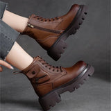 RAROVE- Ladies Martin Boots Genuine Leather 2023 New Winter Round Toe Women Vintage Ankle Platform Short Shoes Solid Color