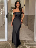 Rarove French Elegant Solid Women Eve Prom Long Dress Sexy Off Shoulder Slim Female Clothing 2023 New Fashion Stain Vestidos Robe