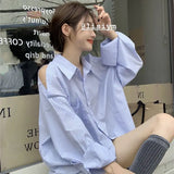 Rarove-2024 Spring/Summer Fashion Off Shoulder Blue Striped Long Sleeve Women Chemise Femme Chic High Street Blouse Oversize Hollow Out Shirts Turn Down Collar